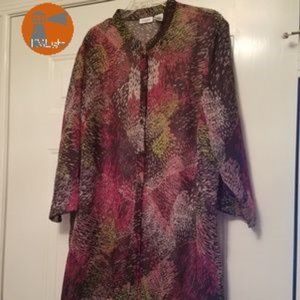 Liz Baker Woman 2X Tunic Blouse Brown Burgundy Green Sheer